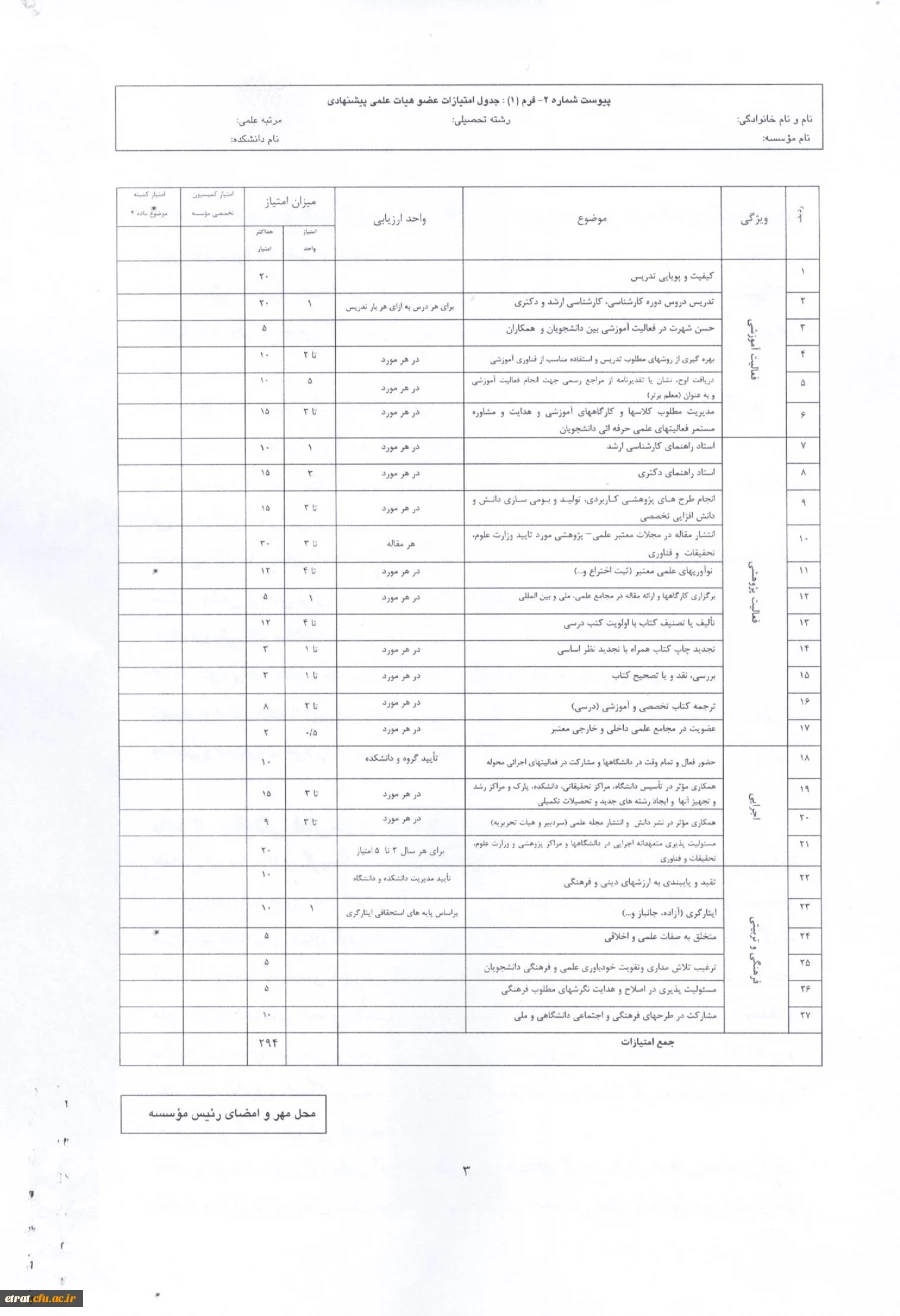 دستور العمل نحوه انتخاب اعضای هیئت علمی نمونه 3