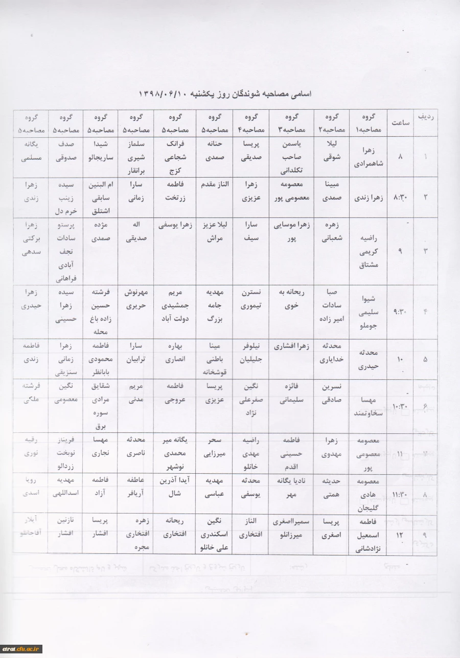 زمانبندی حضور داوطلبین جهت انجام مصاحبه روز یکشنبه مورخ 98/06/10 3